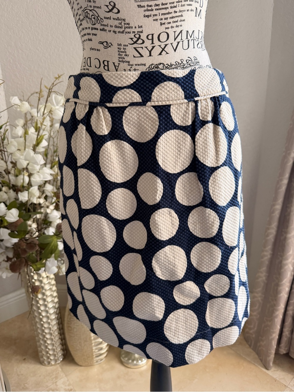 Boden Cotton Navy Blue Cream Polka Dot Textured A-Line Skirt - Size 6